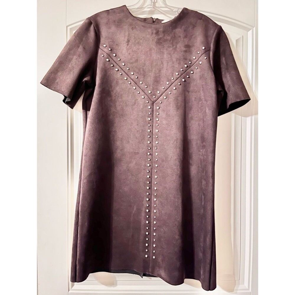 Rebecca Minkoff brown Suede-Look Studded Mini Dress short sleeve size small